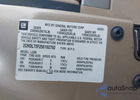 2005 Chevrolet Equinox Lt из США, поврежденный, VIN 2CNDL73F256192792